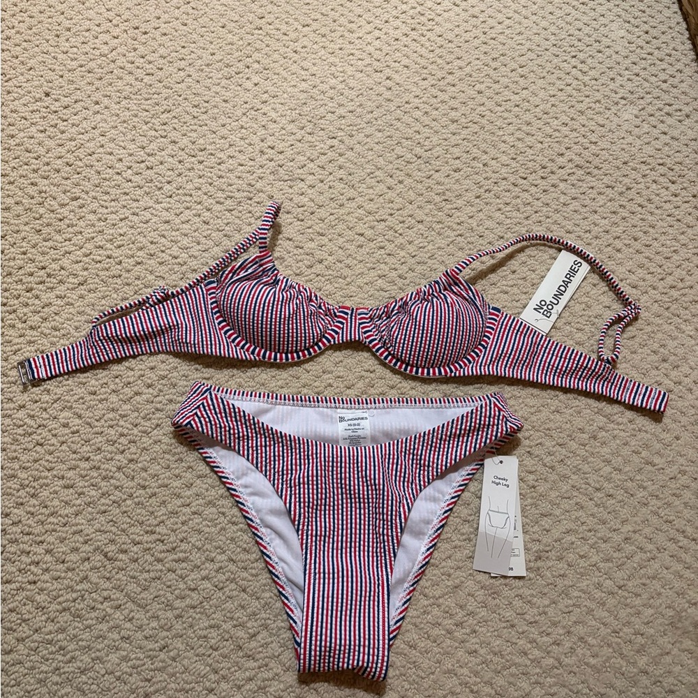No Boundaries Red, White, and Blue Striped Bikini